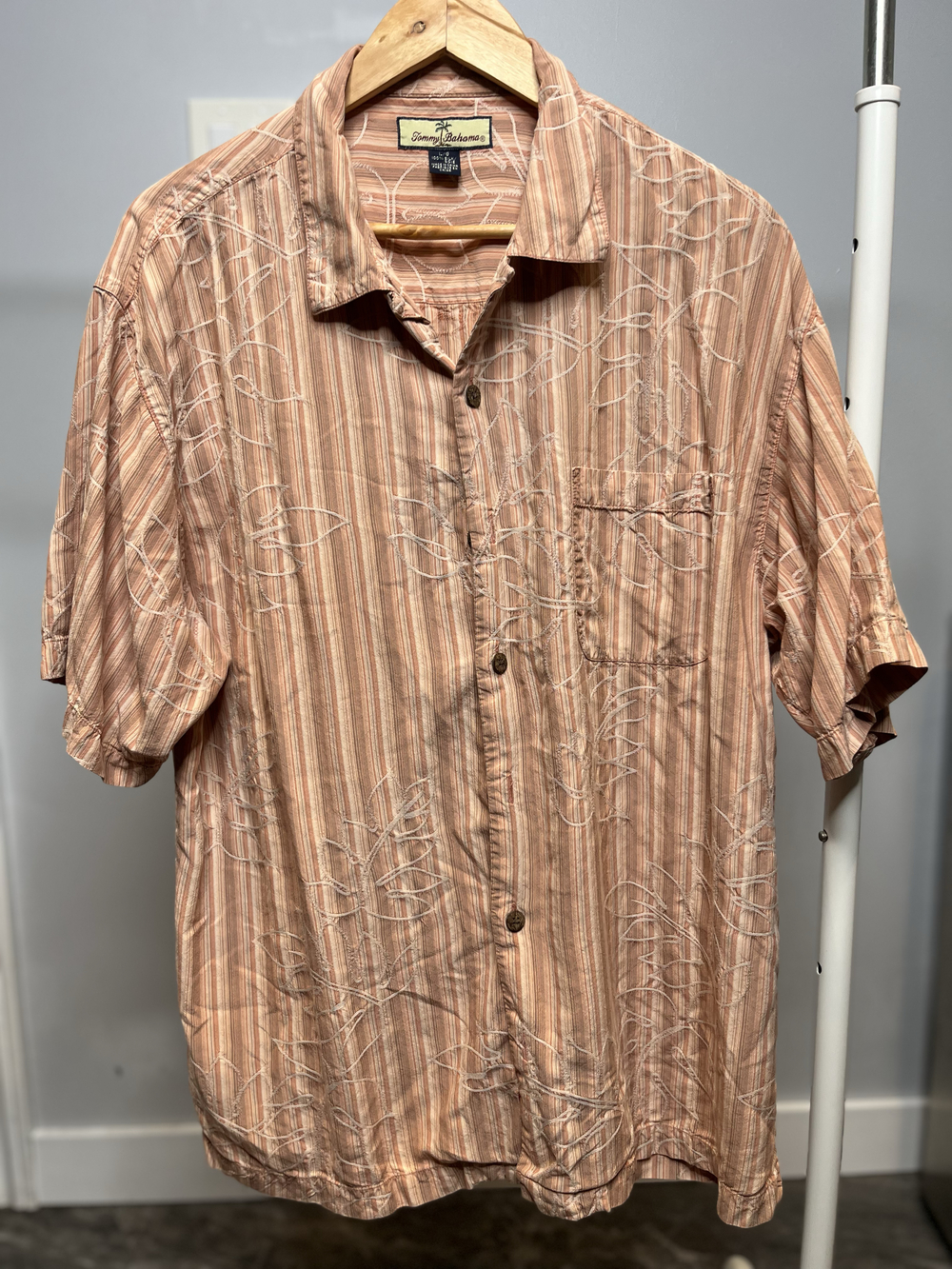 Tommy Bahama Silk Hawaiian Shirt Mens Large Orange Vertical Stripe Embroidered H